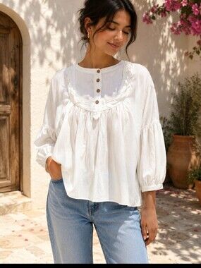 AOYAMA ITCHOME White women's Cotton Blouse Pleated front Size Large
